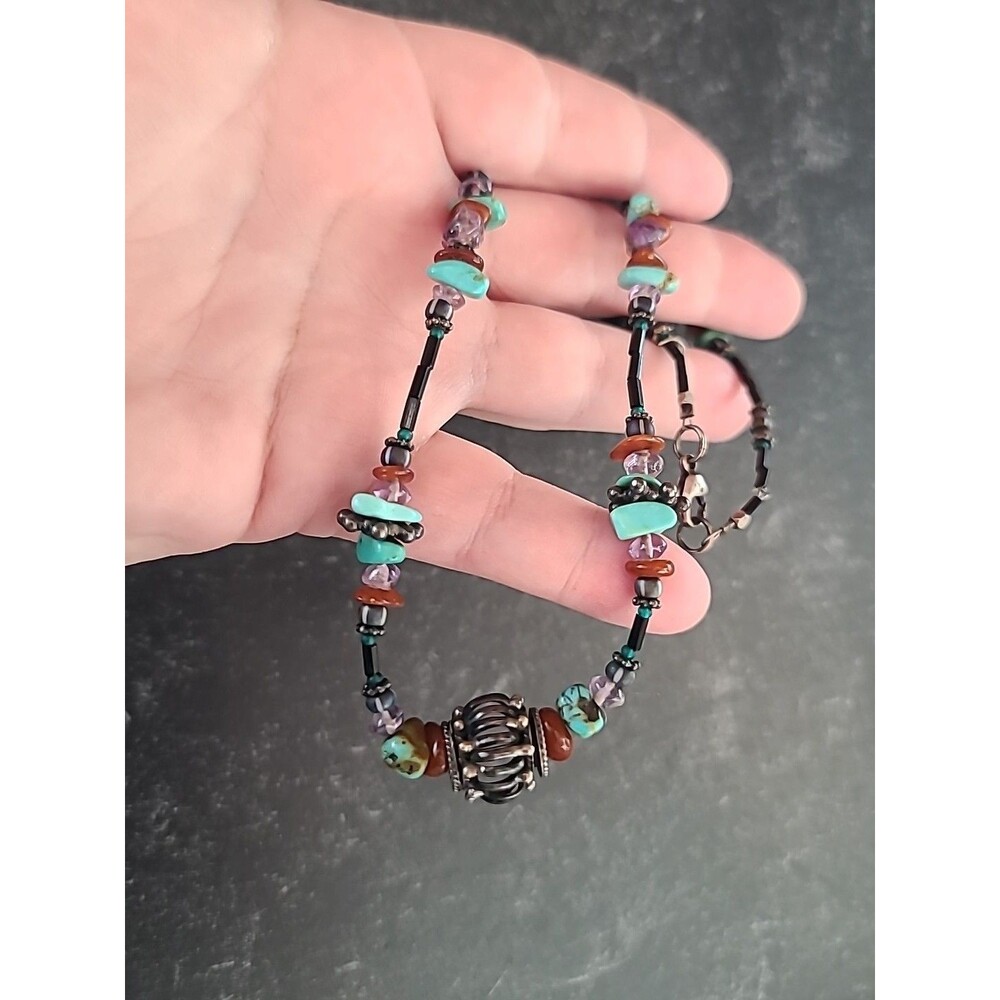 925 Sterling Silver Turquoise Carnelian Amethyst Beaded Necklace READ